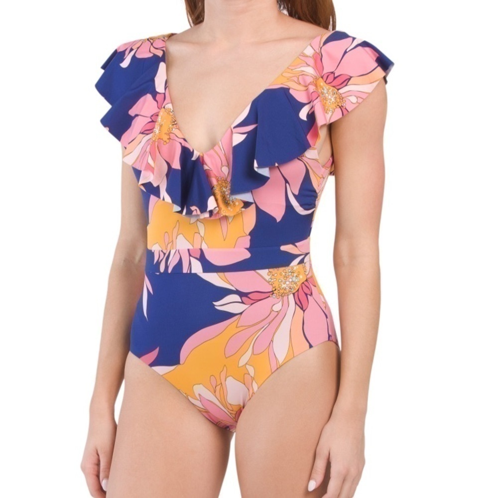 TRINA TURK ruffle shoulder floral one piece swimsuit “breeze ruffle” 14 nwt - Picture 7 of 12